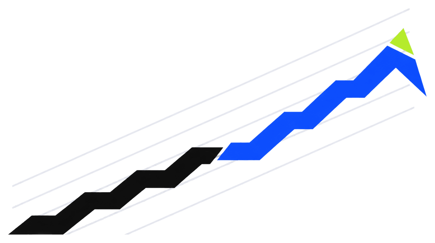 A black stepped line hands over to a cobalt line that climbs higher, ending in the lime tip